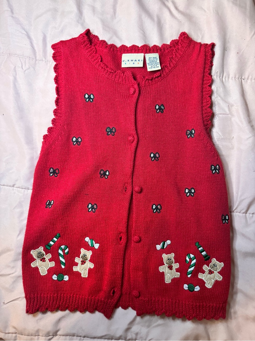 VTG J. Khaki Kids Red Sleeveless Holiday Knit Vest with Teddy & Candy Embroidery